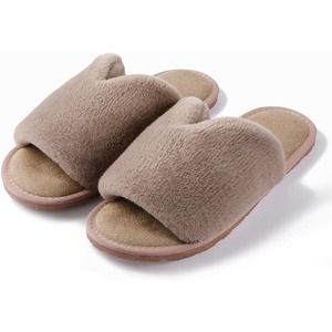 Womens Fuzzy Comfy Rubber Sole Slippers Open Toe Non Slip Indoor Shoes US 7/7.5